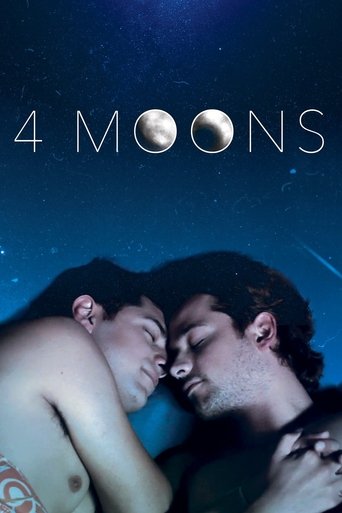 The poster features a tender, intimate scene of two men in a deep blue night sky, their faces close together. The title "4 Moons" is elegantly displayed in white, with the moons subtly integrated into the design. The overall mood is romantic and mysterious, evoking a sense of longing and celestia...