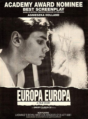 The poster features a striking black-and-white portrait of a young man with a contemplative expression, set against a dark, moody background. The bold, white typography of "EUROPA EUROPA" dominates the lower section, conveying a sense of drama and intrigue. The overall composition evokes a classi...