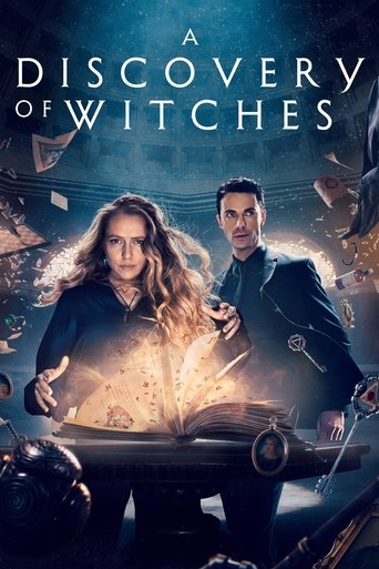 The poster features two women in dark clothing against a dramatic, stormy sky. The title "A Discovery of Witches" is prominently displayed in bold, white letters. Magical energy and sparks emanate from the center, suggesting a supernatural theme. The overall mood is mysterious and adventurous, hi...