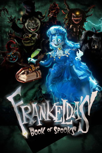 The poster features a mysterious blue-haired character in a glowing blue dress, surrounded by dark, spooky figures. The eerie, dark green and black background enhances the spooky atmosphere, while the title "Frankelda's Book of Spooks" is prominently displayed in a gothic font.