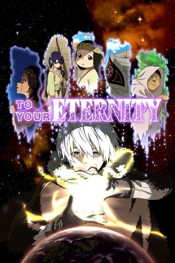 The poster features a dramatic cosmic scene with a central figure surrounded by glowing energy and mystical symbols. The background is filled with swirling nebulae and stars, creating an otherworldly atmosphere. The title "To Your Eternity" is prominently displayed in a glowing purple font, empha...