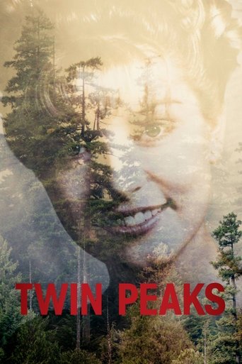 The poster features a hauntingly beautiful, dreamlike portrait of a smiling woman against a backdrop of lush green forest. The warm, golden hues evoke a sense of nostalgia and mystery, while the bold red text "TWIN PEAKS" anchors the image. This evocative design captures the show's blend of super...
