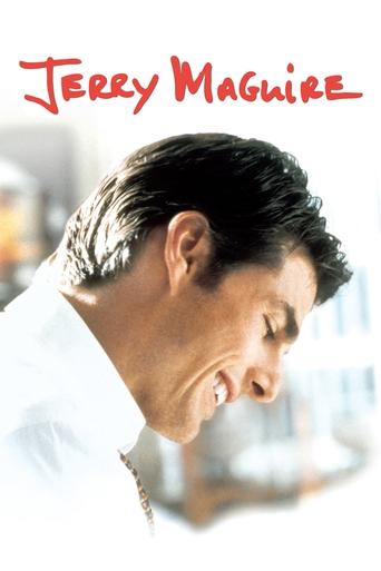 The poster features a close-up of Jerry Maguire in a white shirt, looking downward with a contemplative expression. The background is softly blurred, emphasizing the subject. The title "Jerry Maguire" is written in bold red letters at the top. The overall mood is serious and reflective.