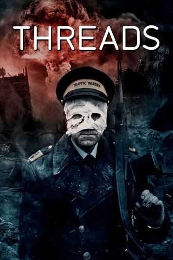 The poster features a dark, moody scene with a soldier in a trench coat and cap, holding a rifle. The background is filled with ominous red and black tones, suggesting danger and conflict. The title "THREADS" is prominently displayed in bold white letters at the top, emphasizing the film's title....