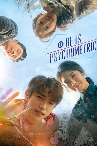 The poster features four young people with dreamy, surreal expressions against a bright, ethereal sky. Warm golden hues blend with cool blues, creating a dreamlike atmosphere. The title "He Is Psychometric" is prominently displayed in bold, modern typography, suggesting a blend of humor and psych...