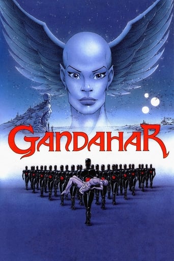 The poster features a majestic, ethereal figure with wings and glowing eyes against a starry night sky. Below, a disciplined army of soldiers marches in formation, their red uniforms contrasting sharply with the cool blue tones. The title "GANDAHAR" is boldly displayed in fiery red letters, evoki...
