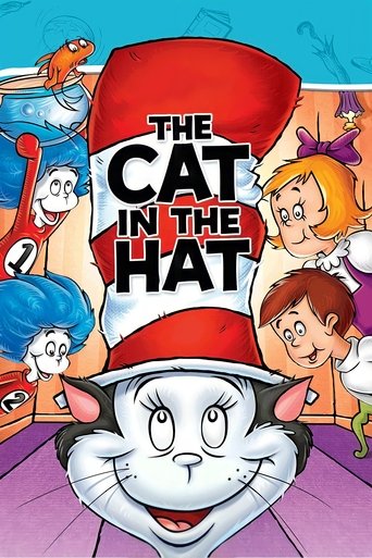 The vibrant poster features the iconic Cat in the Hat, a mischievous cat with a red hat, surrounded by colorful children in a playful, cheerful atmosphere. The bright blue sky and cheerful expressions evoke a sense of fun and adventure, capturing the whimsical spirit of the beloved children's movie.