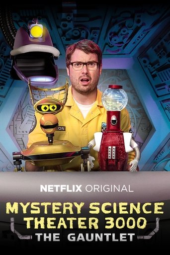 The poster features a man in a yellow shirt holding a robot and a red soda can, set against a futuristic blue background with glowing lights. The mood is mysterious and humorous, capturing the essence of the show's playful science fiction humor.