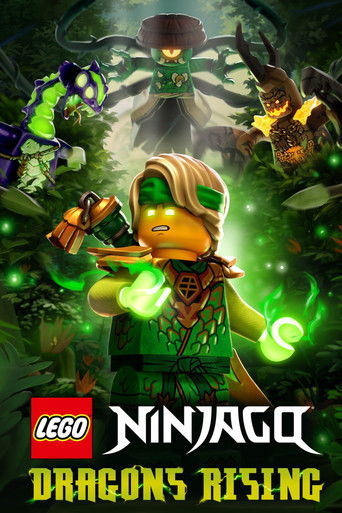 This vibrant poster showcases LEGO Ninjago characters in action against a dramatic dragon backdrop. The scene is filled with dynamic poses and vivid colors, creating an exciting and adventurous mood.
