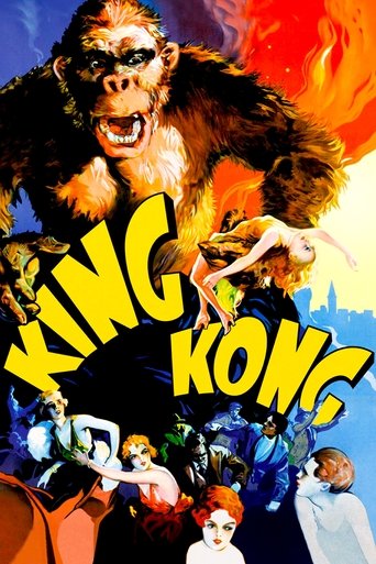 This vibrant poster features a colossal gorilla roaring against a fiery backdrop, with a woman in a dramatic pose nearby. The title "King Kong?" is boldly displayed in yellow, surrounded by smaller figures of characters in action poses. The dynamic composition and vivid colors evoke a sense of ad...