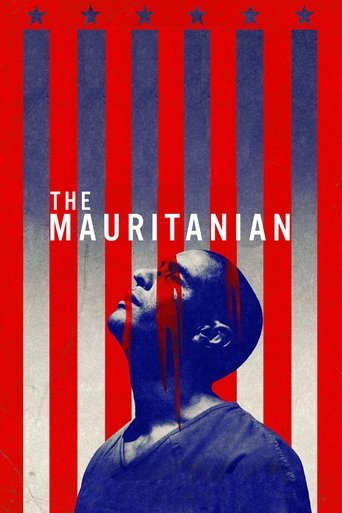 The poster features a man in a blue shirt against a red and white striped background, evoking a sense of mystery and historical intrigue. The bold typography and patriotic colors suggest a narrative steeped in American history and cultural identity.