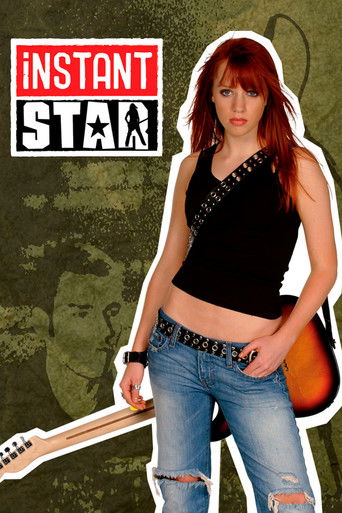 The poster features a striking woman with red hair and a black top, holding a guitar against a muted green background. The bold red "INSTANT STAR" logo dominates the top left, creating a bold and energetic visual that captures the show's dynamic energy.