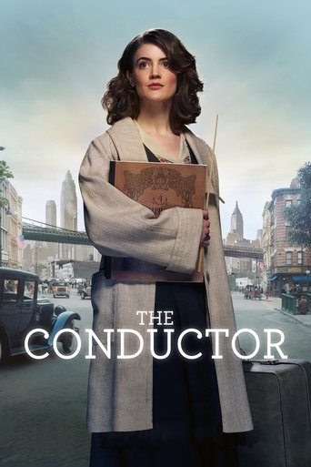 The poster features a woman with dark hair holding a book, standing against a backdrop of a city street with vintage cars and buildings. The muted tones of the image convey a somber, reflective mood, while the title "The Conductor" is prominently displayed in white text.