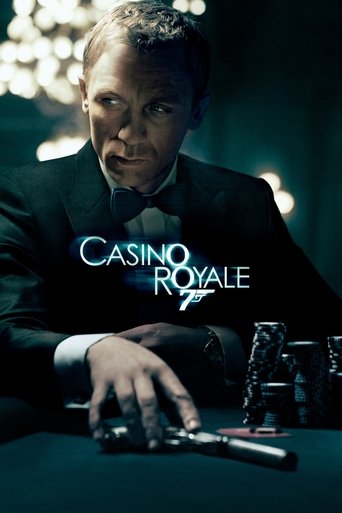 The poster features a man in a dark suit, exuding mystery and sophistication. The title "Casino Royale" glows in neon blue against the dark background, creating a striking contrast. The dimly lit scene with soft bokeh lights adds an atmospheric, suspenseful mood, hinting at the thrill of the game.