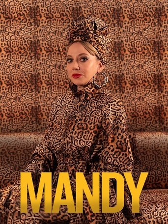 A woman in a leopard-print outfit sits on a patterned couch, exuding confidence. The bold gold title "MANDY" anchors the image, suggesting a glamorous, stylish drama.