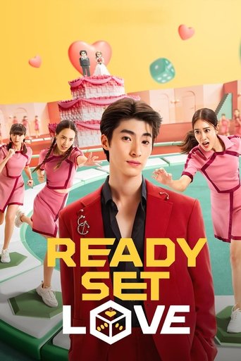 This vibrant TV poster features a man in a striking red jacket standing prominently in the foreground, surrounded by dancers in matching pink outfits. The background showcases a whimsical, pastel-colored setting with floating hearts and a whimsical cake, evoking a joyful, dreamlike atmosphere. Th...