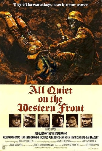 The poster features soldiers in rugged, earthy tones against a dramatic, stormy sky. The title "All Quiet on the Western Front" is prominently displayed in bold red letters, evoking a sense of historical gravity and emotional weight. The image captures the gritty atmosphere of World War I, with s...