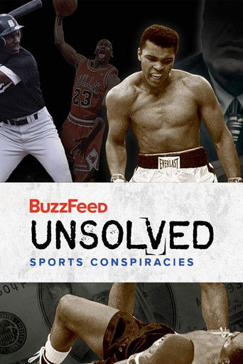 The poster features muscular athletes in dynamic poses, with one shirtless man prominently displayed. Bold red and black text announces "BuzzFeed Unsolved: Sports Conspiracies." The image conveys a sense of mystery and intrigue, with muted tones and shadows enhancing the dramatic atmosphere.