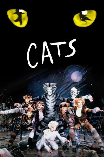 The poster features a group of animated cats in a dark, mysterious setting with glowing yellow eyes. The mood is eerie and suspenseful, with the title "CATS" prominently displayed in bold white letters.