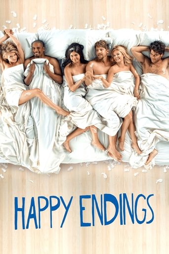 The poster features seven women lounging on a bed, wrapped in white linens, with a dreamy, carefree atmosphere. The soft pastel colors and scattered confetti evoke a sense of nostalgia and happiness. The title "Happy Endings" is prominently displayed in bold blue letters at the bottom.