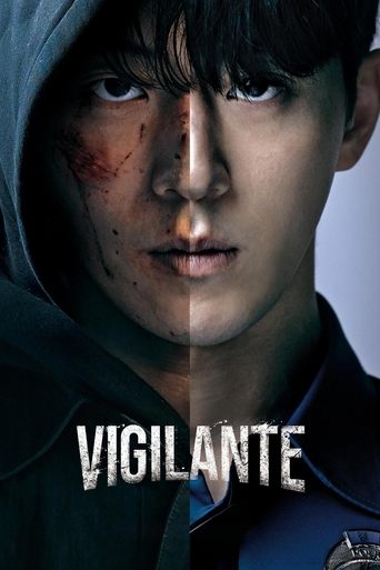 The poster features a young man with a bloodied face, his eyes wide and intense, conveying a sense of danger and mystery. The muted blue and dark tones create a somber, suspenseful atmosphere. The word "VIGILANTE" in bold, distressed white letters emphasizes the gritty, action-oriented theme of t...
