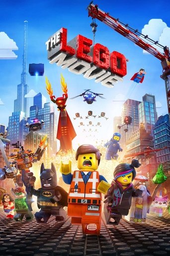 The Lego Movie poster features vibrant colors and dynamic action scenes. Minifigures in colorful outfits stand amidst a bustling cityscape with towering buildings and construction cranes. A central figure in an orange vest leads the group, while others in various poses add to the energetic atmosp...