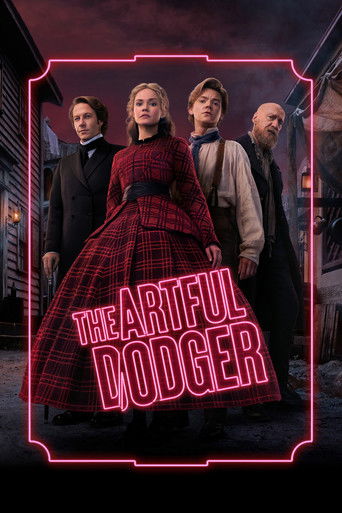 The poster features three characters in period attire against a moody, twilight backdrop. A woman in a striking red plaid dress stands prominently, while two men stand behind her. The title "The Artful Dodger" is boldly displayed in pink neon-style lettering, suggesting a blend of elegance and my...