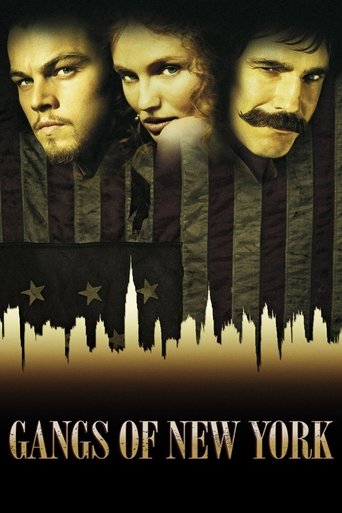 The poster features three men in dark, gritty clothing against a backdrop of American flag stripes and silhouettes. The mood is intense and dramatic, suggesting a crime drama. The title "Gangs of New York" is prominently displayed at the bottom.