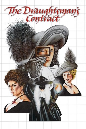The poster features a dramatic, vintage illustration with a woman in a black dress and feathered hat on the left, and another woman in a white outfit with a hat on the right. The background is a grid pattern, and the title "The Draughtsman's Contract" is written in a stylized red font at the top....