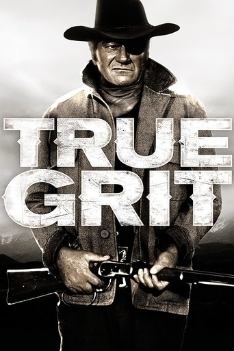 A rugged cowboy in a black hat and leather jacket stands against a gritty, sepia-toned background, holding a rifle. The bold, distressed typography "TRUE GRIT" dominates the center, evoking a sense of raw, unfiltered action. The overall mood is intense and adventurous, capturing the spirit of fro...