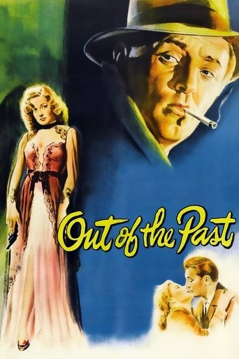 This vintage movie poster features a striking man in a hat smoking a cigarette against a deep blue background, with a woman in a pink dress standing to the left. The title "Out of the Past" glows in gold lettering, evoking a sense of nostalgia and mystery.