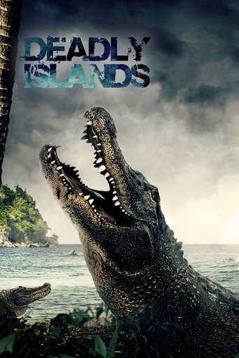 The poster features a menacing crocodile roaring in the foreground, with a dark, stormy sky and ominous clouds above. The title "DEADLY ISLANDS" is prominently displayed in bold, distressed blue letters. A small figure of a person can be seen in the bottom left corner, adding a sense of scale and...