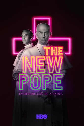 The poster features two men against a dark background with a glowing pink cross. The title "The New Pope" is prominently displayed in colorful, neon-style text. The mood is mysterious and dramatic, hinting at a serious and possibly controversial narrative.