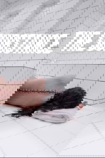 The poster depicts a woman with dark hair lying on a white tiled bathroom floor, her body partially covered by a rolled-up towel. The text "THE SUBSTANCE" is prominently displayed in bold white letters against the white background, creating a stark contrast. The overall mood is somber and mysteri...