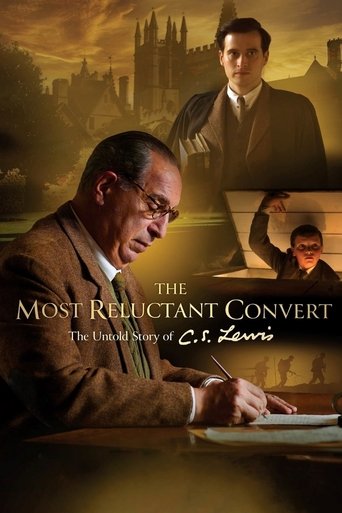 The poster features a man in a brown suit at a desk, with C.S. Lewis's name prominently displayed. In the background, a man in a suit stands near a castle-like structure, while another man appears to be reading a book. The warm, golden hues create an atmospheric mood, emphasizing the historical a...
