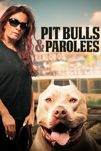 This poster features a muscular woman in sunglasses and a pit bull dog with its tongue out, set against a backdrop of a city skyline. The bold title "Pit Bulls and Parolees" dominates the image, evoking a mix of strength and humor.