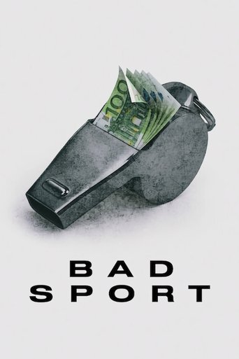 The poster features a metallic, metallic-looking figure with money emerging from its mouth, symbolizing the thrill of gambling. The green money contrasts with the dark, industrial design, creating a striking visual. The bold, black text "BAD SPORT" reinforces the show's intense and competitive na...