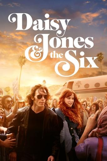 The poster features a vibrant summer scene with Daisy Jones and the Six walking through a lively crowd under a warm sunset sky. The warm golden hues and palm trees evoke a nostalgic, carefree mood, capturing the essence of their iconic 1970s music scene.