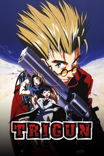The poster features a dramatic scene with a young man in a red jacket holding a large gun, his spiky blonde hair and intense expression conveying action and danger. Behind him, two other characters stand in a desert landscape under a bright blue sky, adding depth and mystery. The bold red letteri...