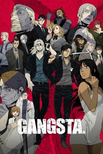 This vibrant poster showcases a dynamic ensemble of gangsta characters, with bold red and black color scheme creating an intense atmosphere. The characters are depicted in various poses, emphasizing their camaraderie and rebellious spirit, while the title "GANGSTA" stands out prominently against ...