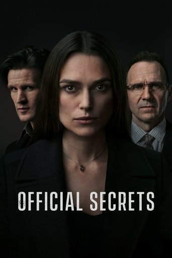 The poster features three individuals against a dark background, with the title "OFFICIAL SECRETS" prominently displayed in white text. The central figure exudes authority, while the others appear serious and contemplative. The muted tones and shadowy atmosphere create a suspenseful and dramatic ...
