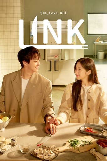 The poster features two characters in a warm, inviting kitchen setting. The beige tones and soft lighting create a cozy atmosphere, while the bold "LINK" title stands out against the tiled background. The mood is intimate and engaging, suggesting a story about connection and culinary exploration.