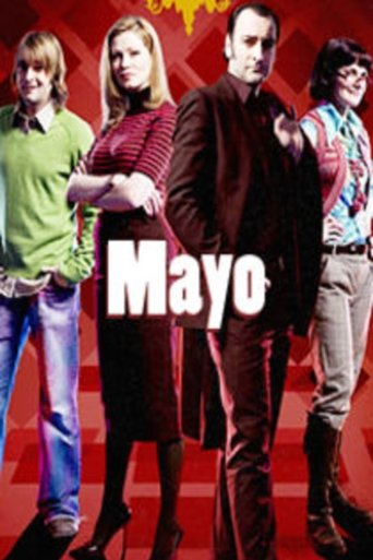 The poster features four characters standing against a vibrant red background, exuding a playful and energetic mood. The bold "Mayo" title dominates the center, with each character dressed in colorful, casual attire that reflects their individual personalities.