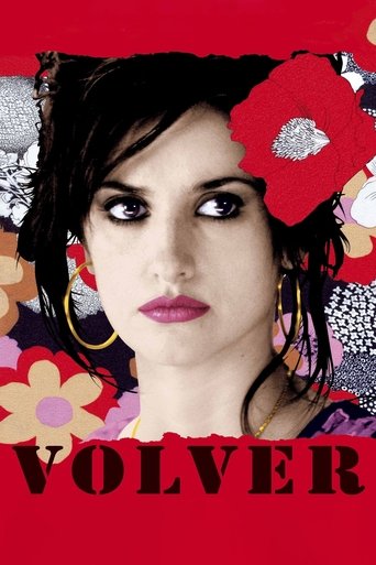 The poster features a striking portrait of a woman with dark hair and bold makeup, framed by vibrant red and floral elements. The bold red background and large flower motifs create a bold, artistic aesthetic. The word "VOLVER" is prominently displayed in large black letters, suggesting a film abo...