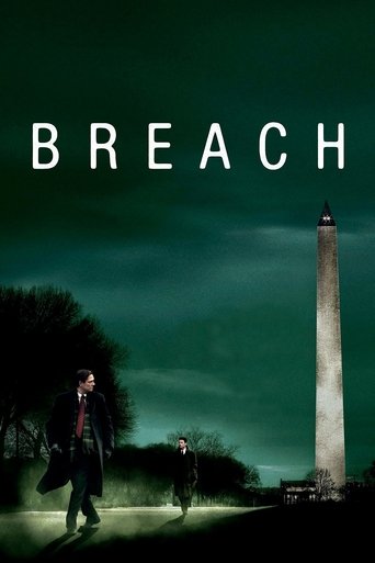 The poster features a dark, ominous green sky with silhouettes of two figures walking toward a tall, weathered lighthouse. The title "BREACH" is prominently displayed in bold, white capital letters at the top. The overall mood is eerie and suspenseful, suggesting a thriller or horror genre.