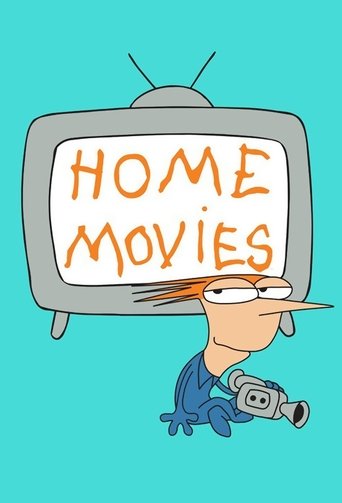 A cartoon man with a long nose and blue outfit holds a vintage TV displaying "HOME MOVIES" in orange letters. The bright teal background and playful design convey a nostalgic, family-oriented mood.