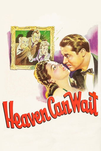 This vintage movie poster features a romantic couple in a close embrace, with one character leaning affectionately toward the other. The background includes a framed image of a family, and the title "Heaven Can Wait" is written in bold red letters at the bottom. The soft pastel colors and intimat...