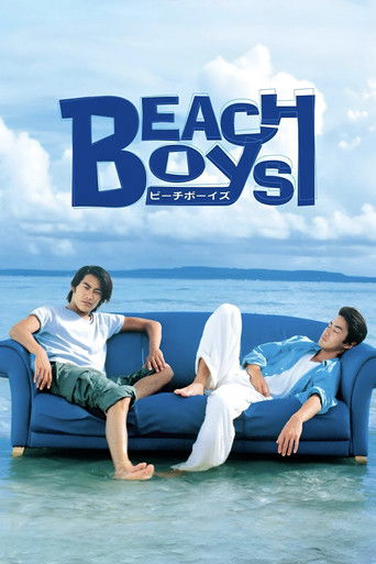 The poster features two young men lounging on a blue couch against a serene beach backdrop. The vibrant blue tones of the couch and ocean create a relaxed, carefree atmosphere. The title "Beach Boys" is prominently displayed in bold, playful lettering.