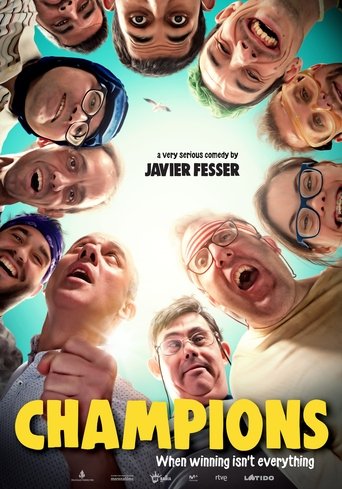 This vibrant poster features a collage of diverse faces, ranging from joyful smiles to intense expressions, set against a bright blue sky. The bold yellow title "CHAMPIONS" dominates the bottom, while the tagline "When winning isn't everything" hints at the film's inspirational theme. The overall...