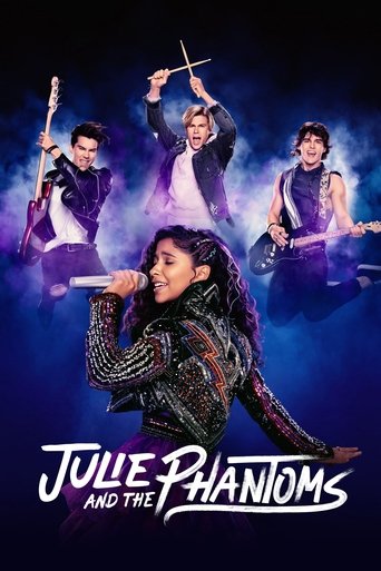 The poster features four band members in dynamic poses against a dark, moody background with purple and blue hues. The central figure, Julie, sings passionately while holding a microphone, surrounded by energetic band members. The title "Julie and the Phantoms" is prominently displayed at the bot...